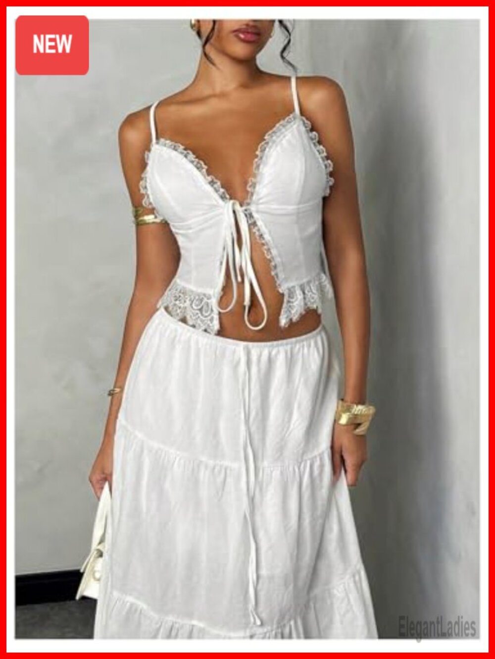 Floerns Women's 2 Piece Outfit Tie Front Camisole Top Tiered Maxi Skirt Set - Picture 4 of 5